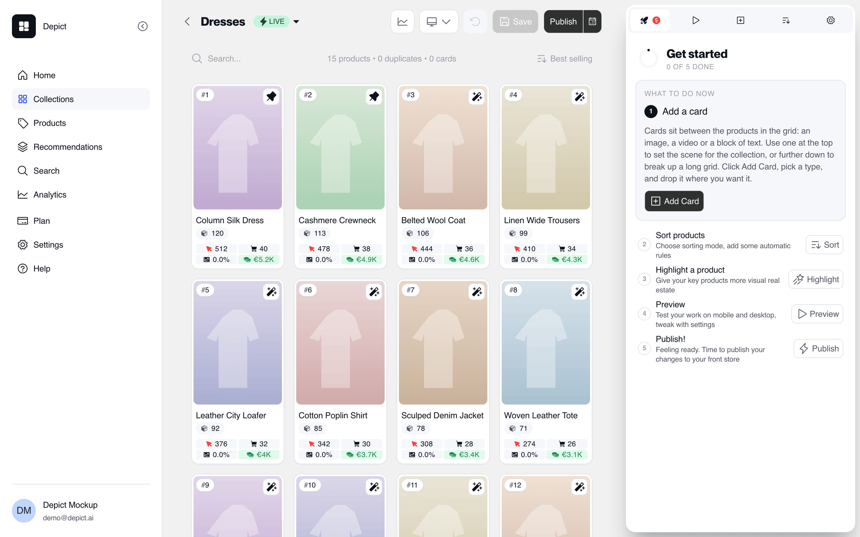 The collection editor for a live collection named Dresses, showing a product grid with position numbers, pin icons on the first two products, per-product click and revenue metrics, a Publish button, and the Get Started drawer listing five setup steps
