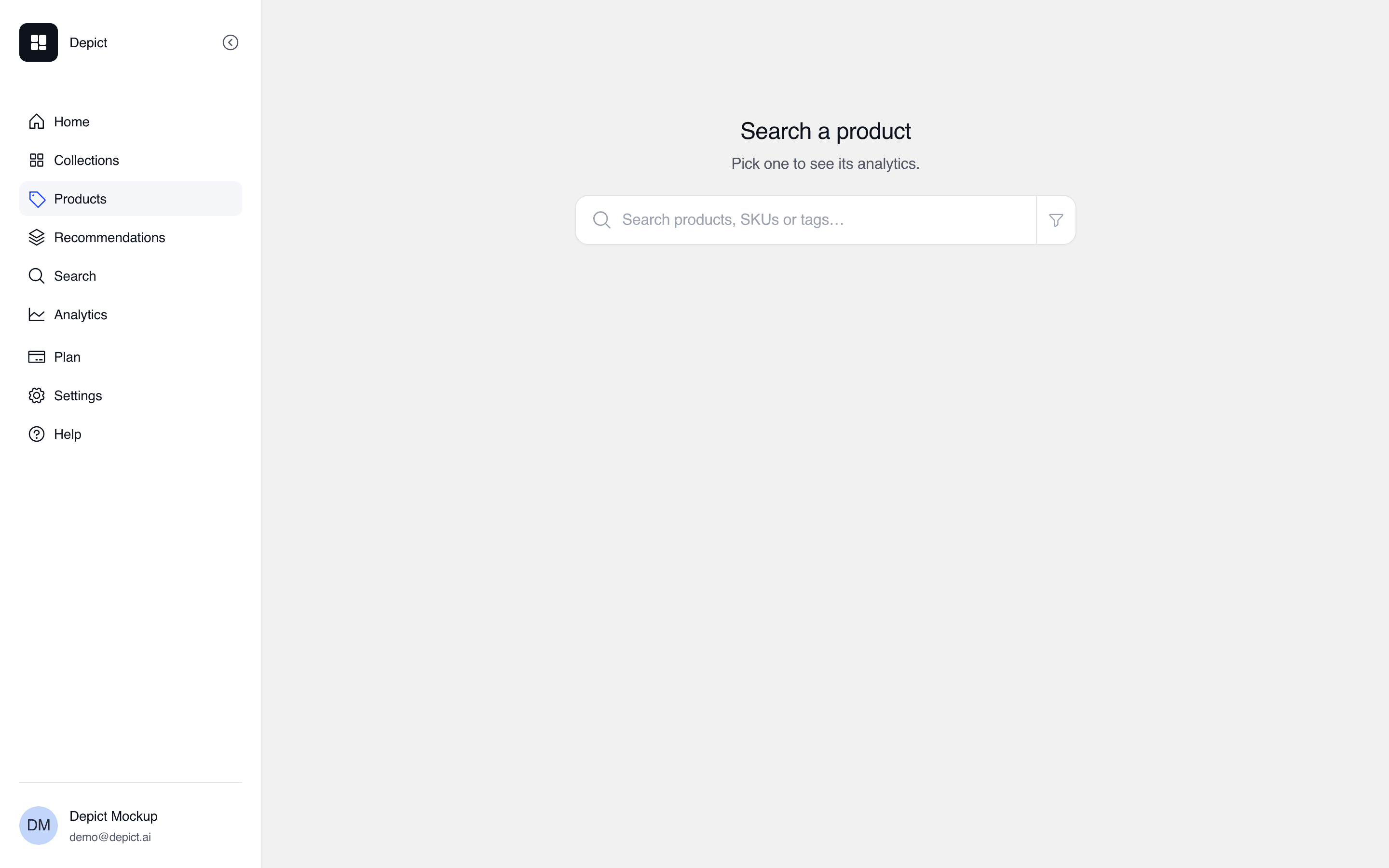The Products search view with a centered search field labeled Search products, SKUs or tags, and a filter control