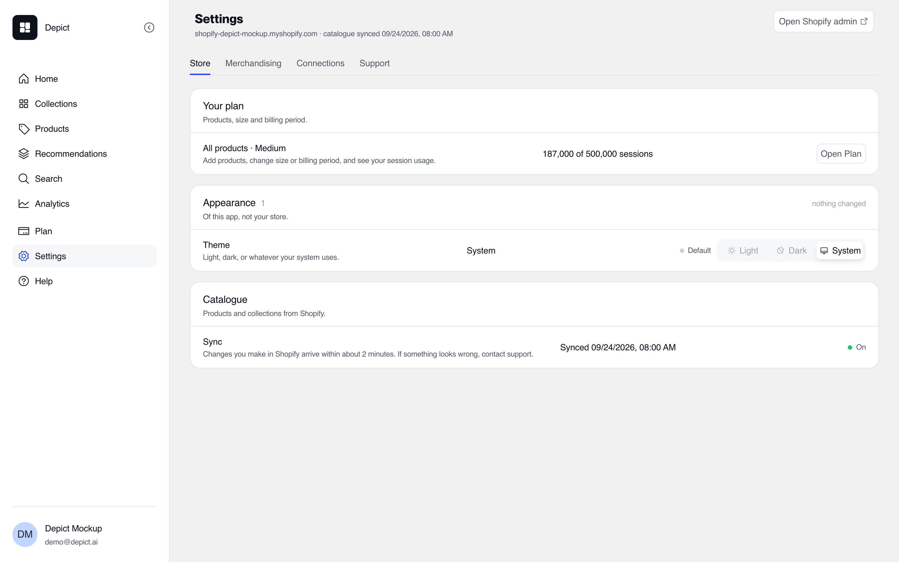 The Settings page with the tabs Store, Merchandising, Connections and Support. The Store tab shows a Your plan card with the current plan, session usage and an Open Plan button, an Appearance card with the Light, Dark and System theme options, and a Catalogue card showing the last sync time