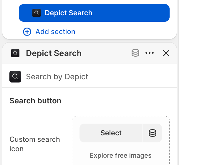 The Depict Search block selected in the theme editor, showing its settings panel