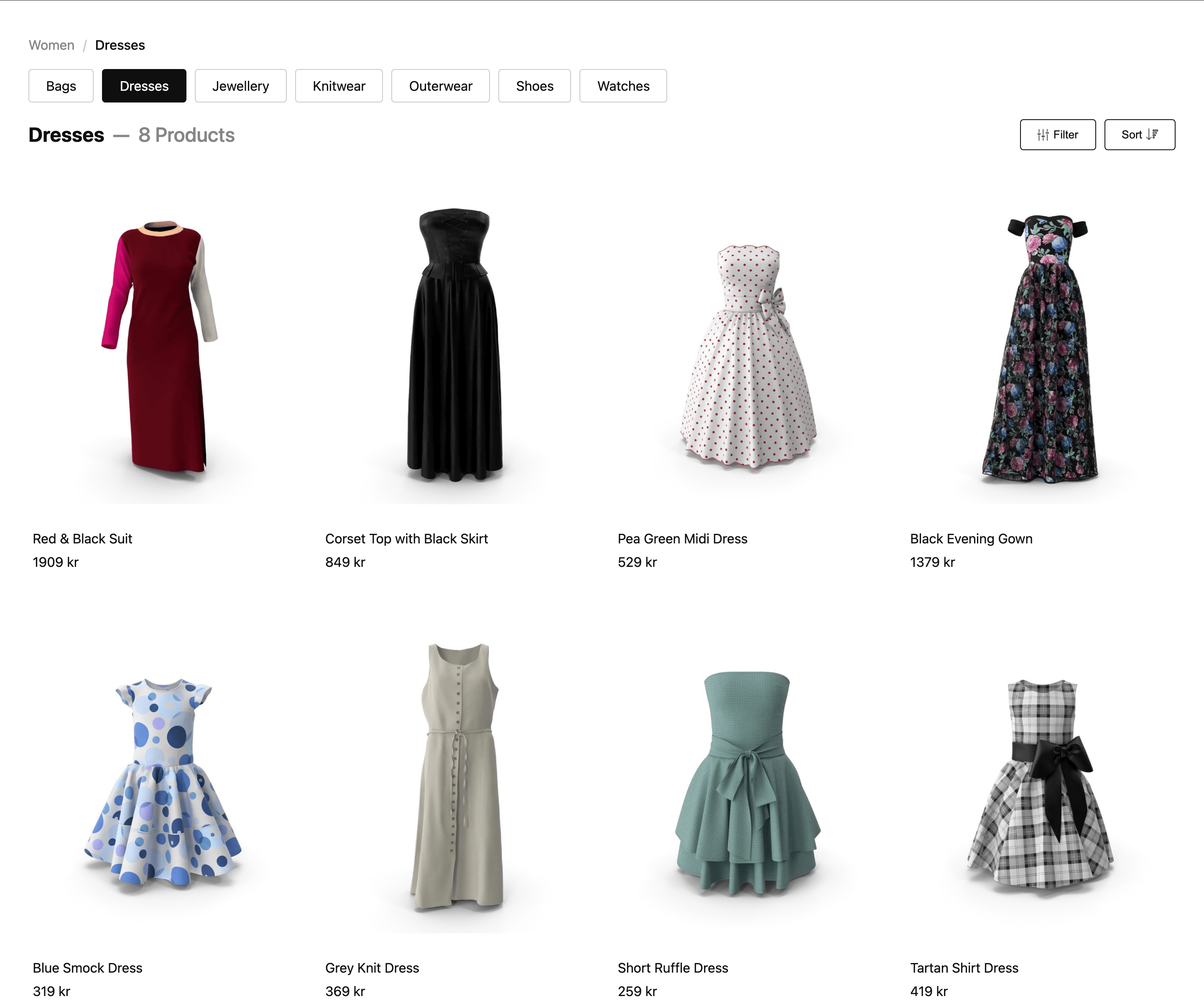 A CategoryPage for Women / Dresses: the breadcrumb, a QuickLinks row of the sibling categories with Dresses highlighted, the title Dresses with the product count, Filter and Sort buttons, and a four-column grid of dresses with image, title and price