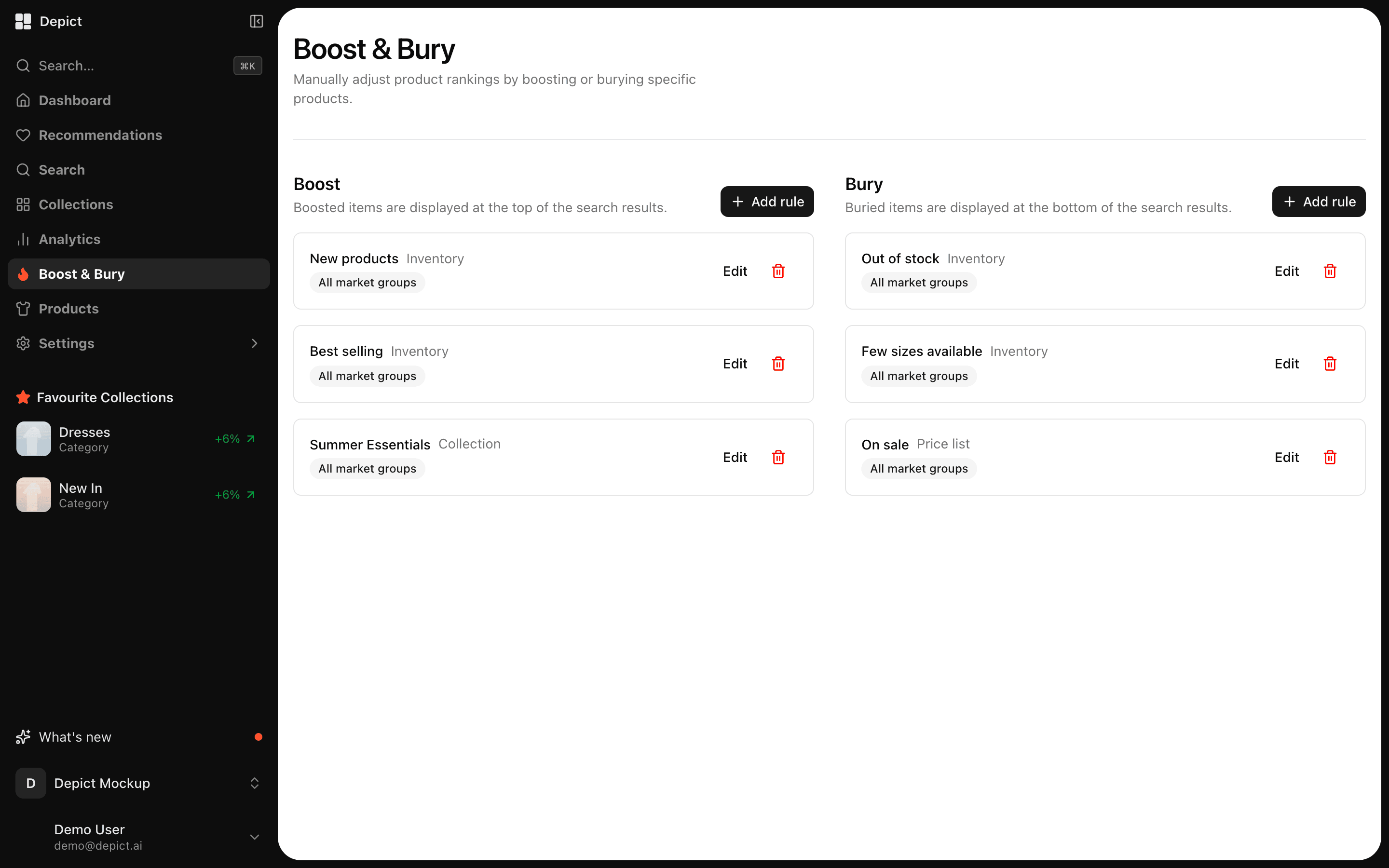 Boost and Bury page with boost rules for new products, best selling and a collection, and bury rules for out of stock, few sizes and on sale