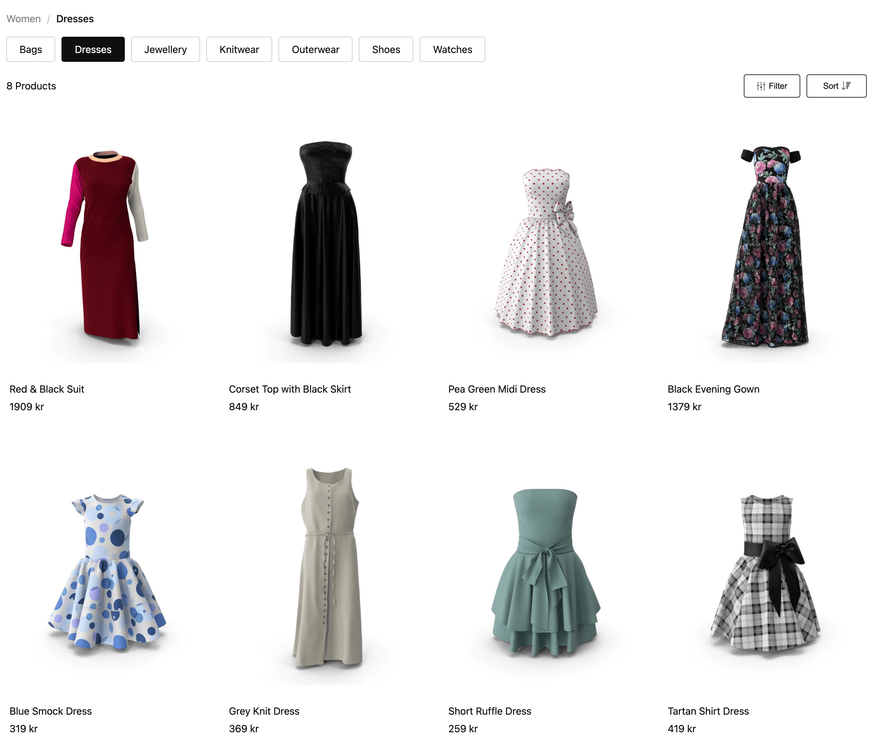The compact CategoryPage: the breadcrumb, the QuickLinks row, then a toolbar with the product count between the Filter and Sort buttons, directly above the product grid, with no title row