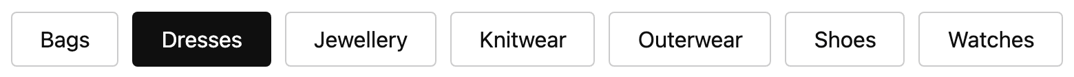 QuickLinks: a row of seven sibling-category chips (Bags, Dresses, Jewellery, Knitwear, Outerwear, Shoes, Watches) with the current category Dresses highlighted