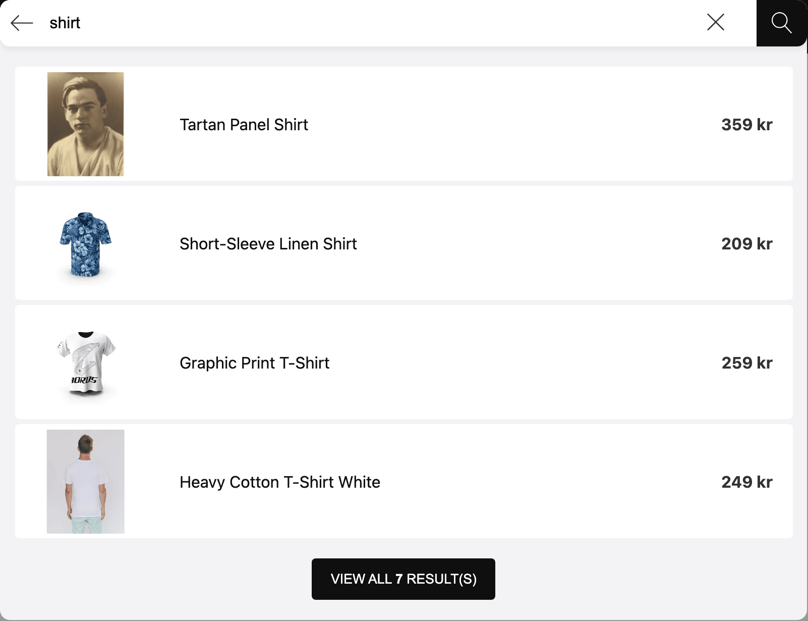 Classic search modal for the query shirt: a search input at the top and a list of four product rows with thumbnail, title and price, and a View all 7 results button