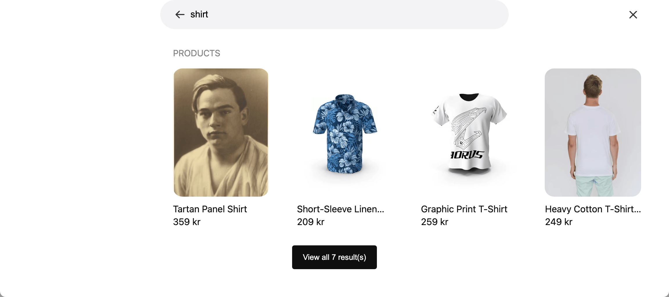 V2 search modal for the query shirt: a search input at the top, a Products section with four product cards showing image, title and price, and a View all 7 results button