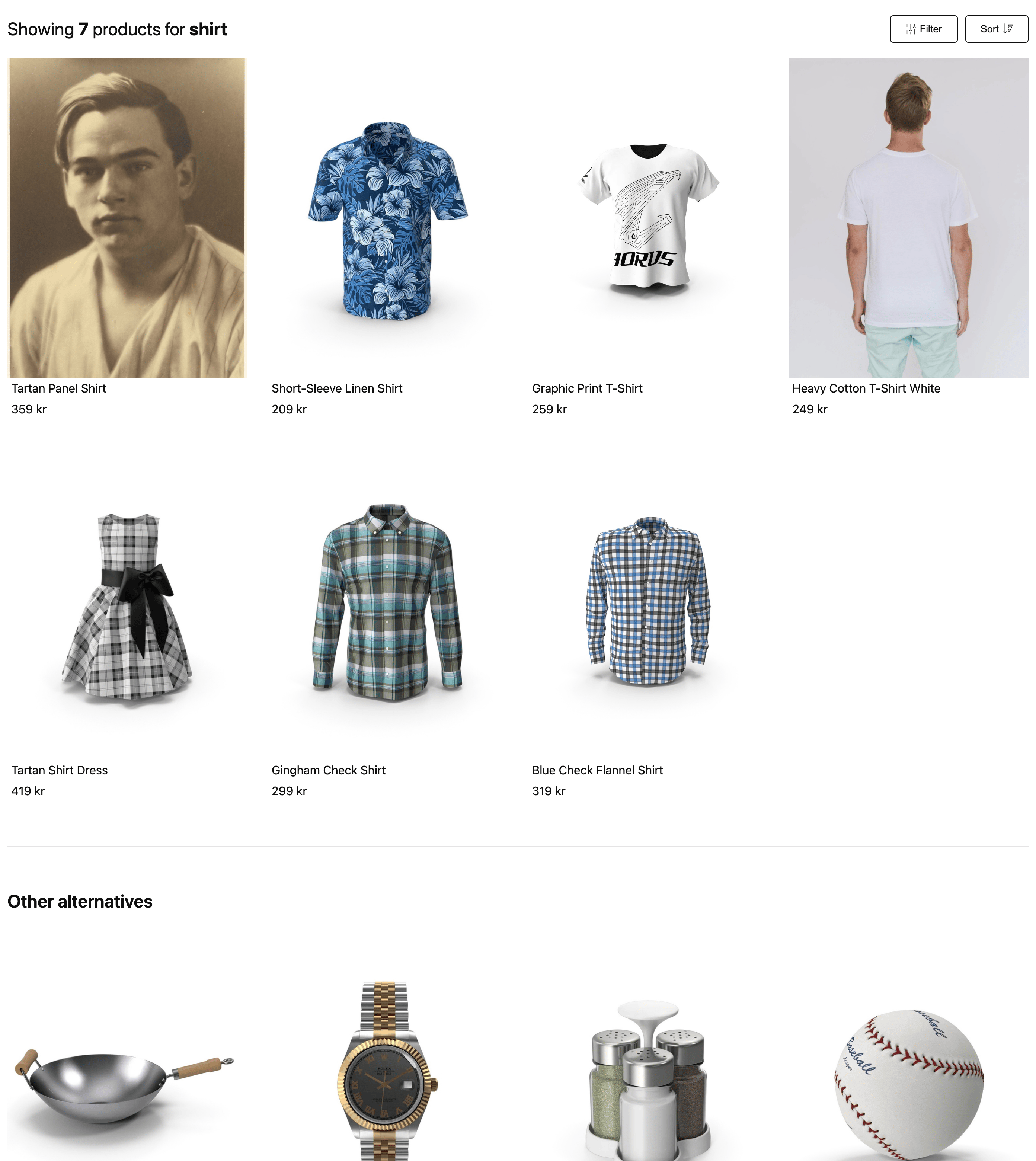 Search results page for the query shirt: the line Showing 7 products for shirt with Filter and Sort controls, a grid of seven product cards with image, title and price, then an Other alternatives section with more product cards