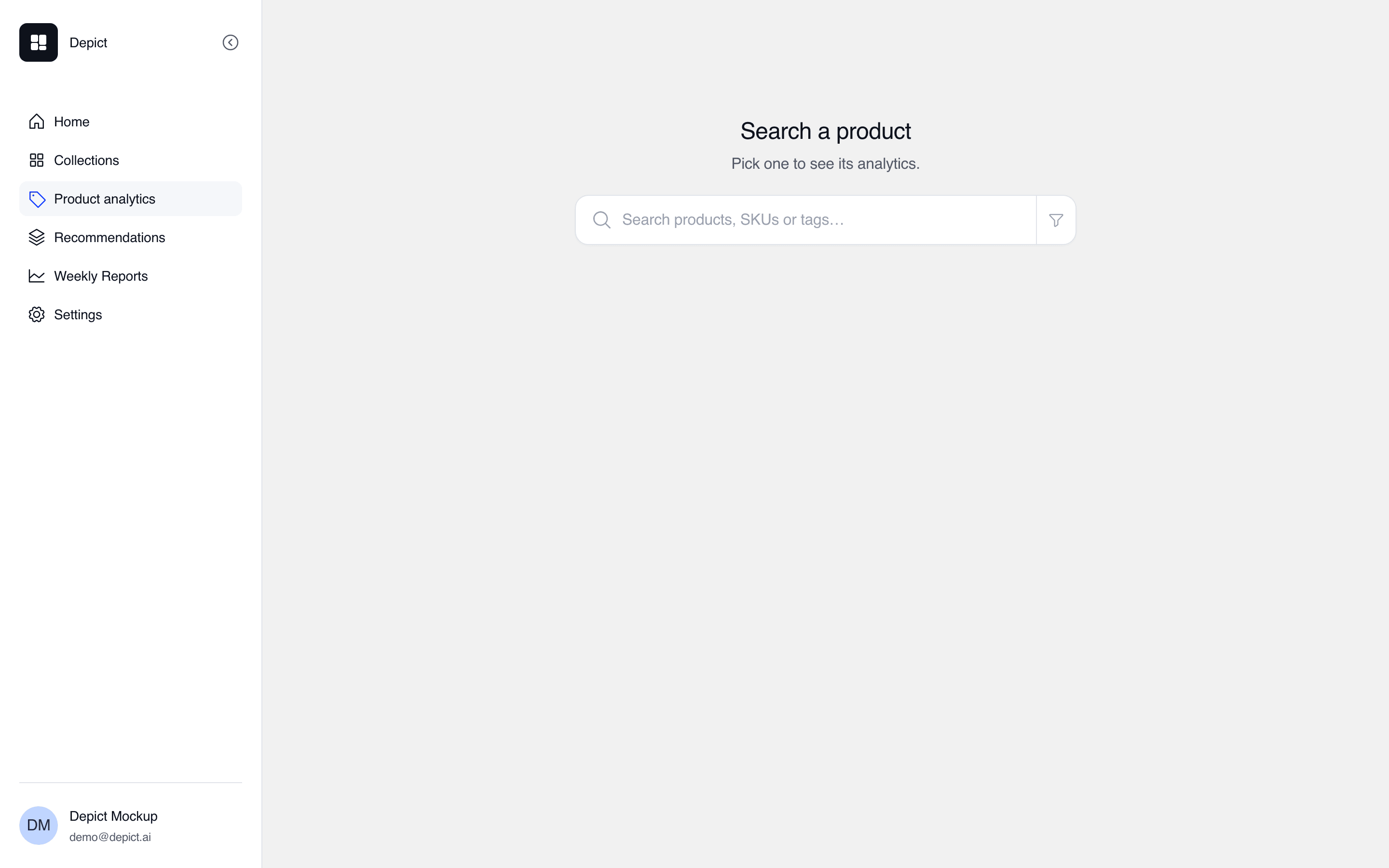 The Product analytics search view with a centered search field labeled Search products, SKUs or tags, and a filter control