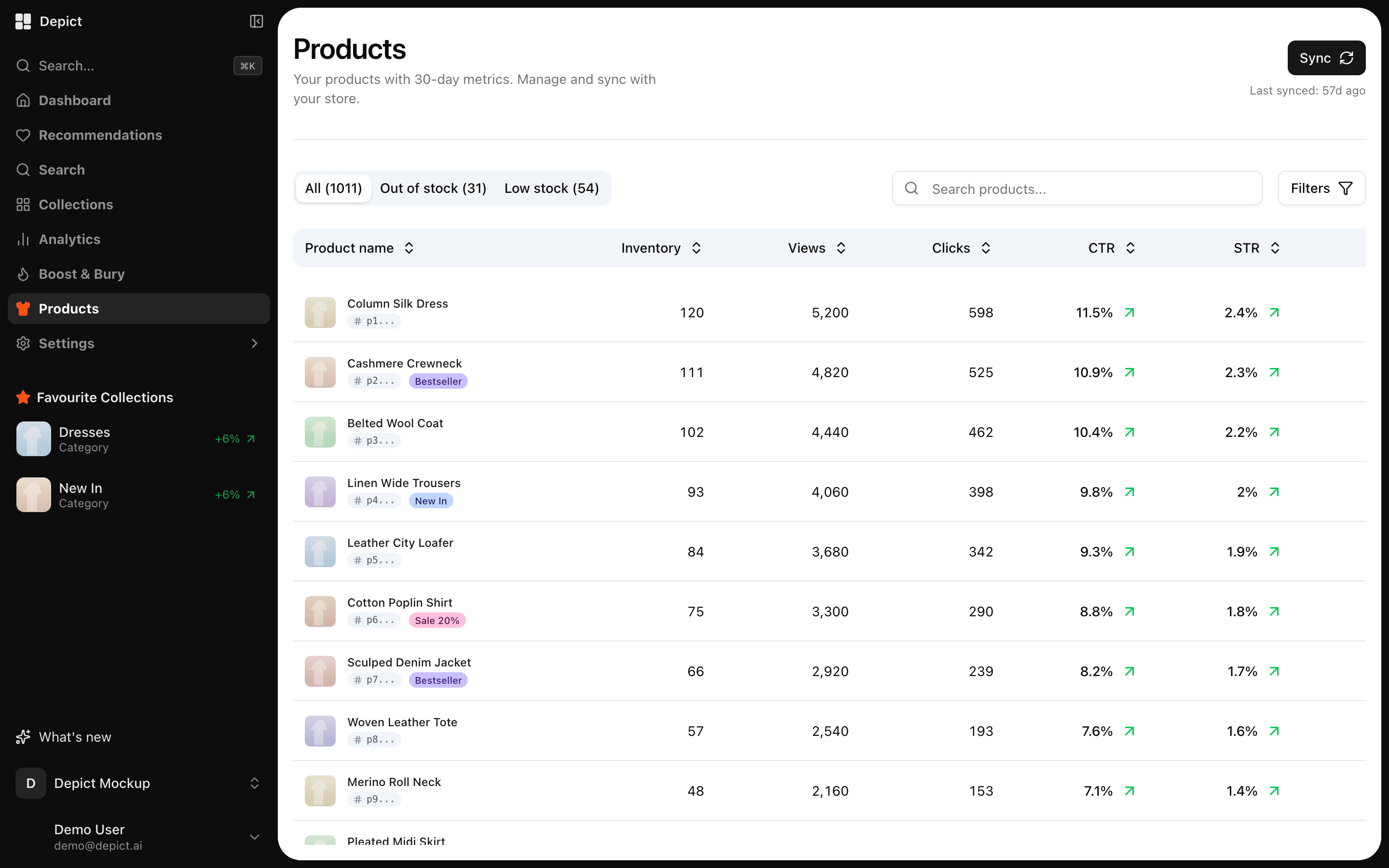 Products page listing products with inventory, views, clicks, CTR and STR columns plus stock filter tabs