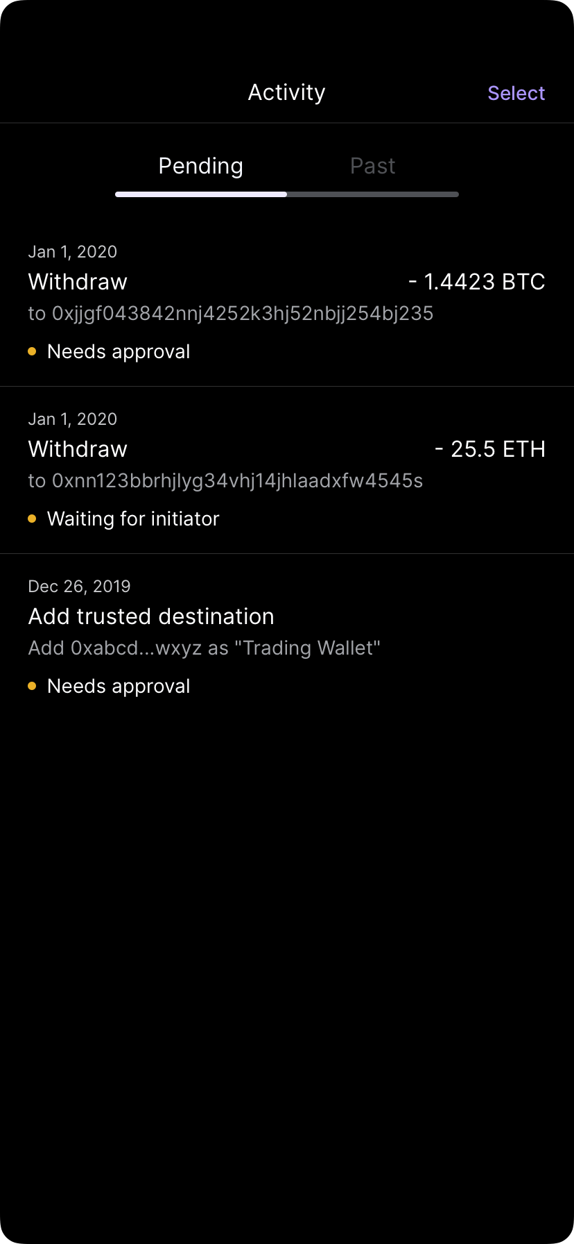 Activity screen displaying recent transactions in chronological order