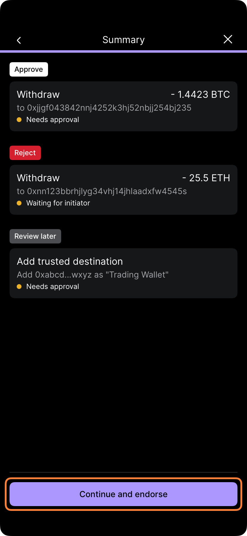 Biometric approval screen for batch endorsement
