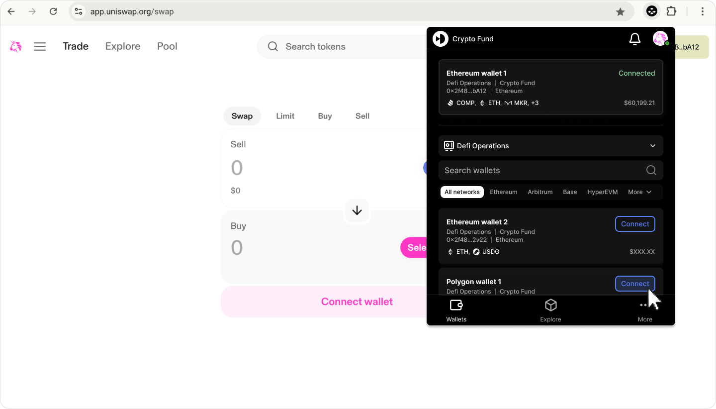 Wallets tab in browser extension showing wallet selection interface