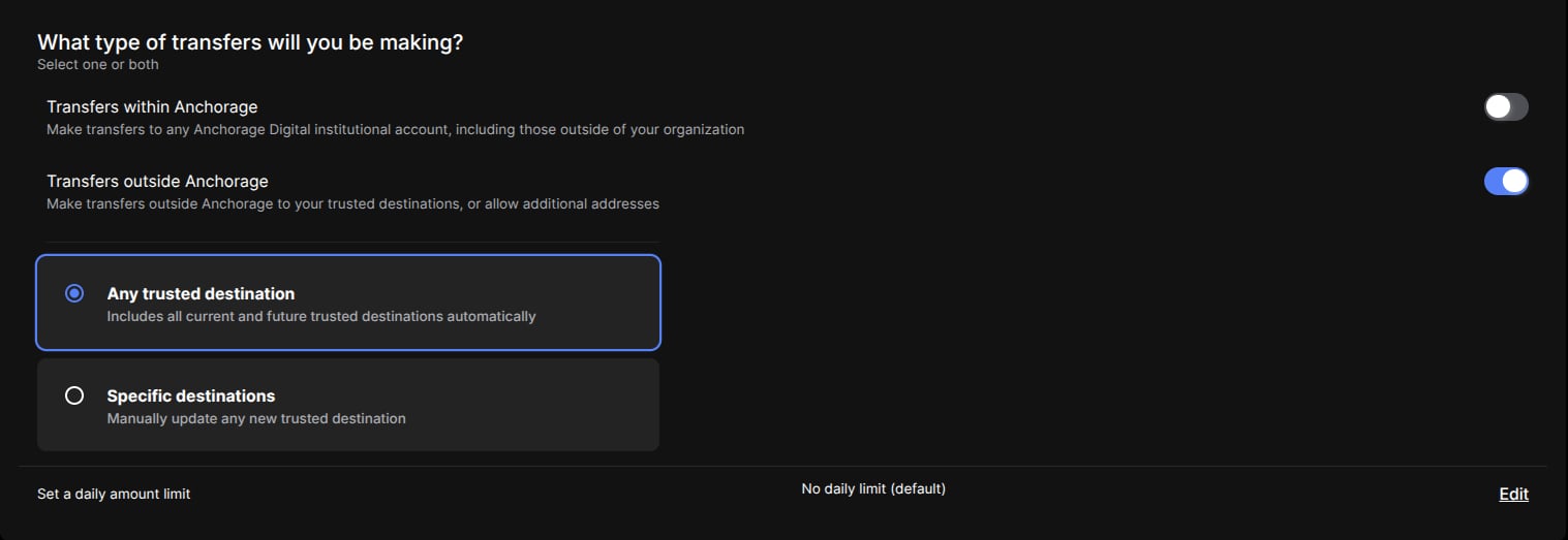 API key configuration screen with Any trusted destination and Specific destinations options