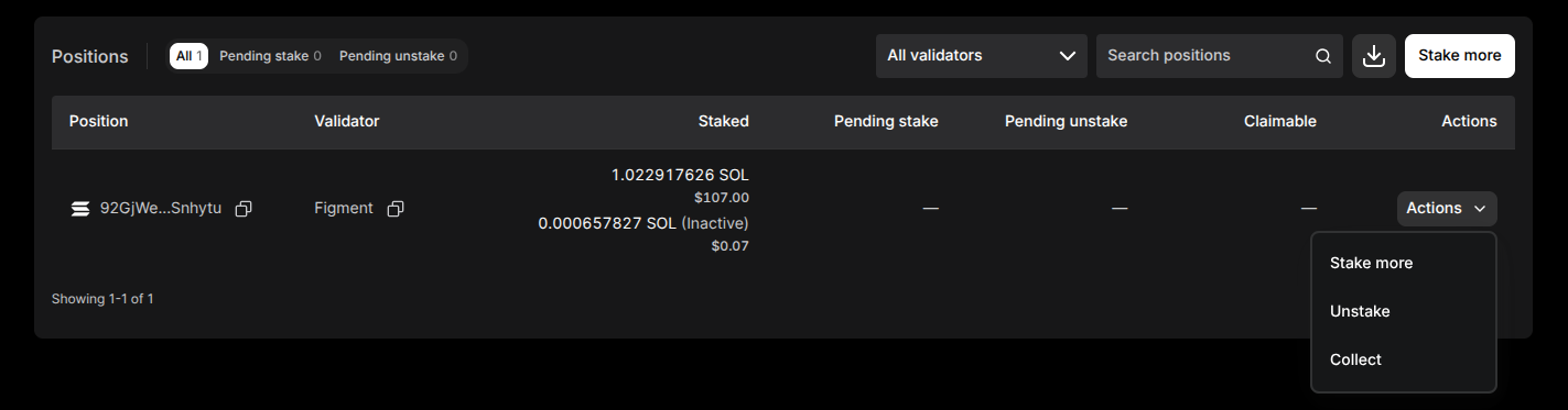 A Solana position row with its Actions menu open, listing Stake more, Unstake, and Collect