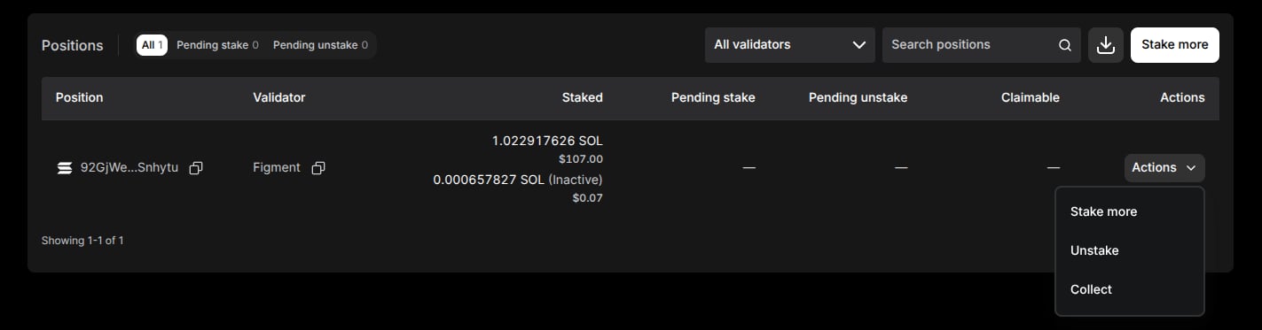 A Solana position row with its Actions menu open, listing Stake more, Unstake, and Collect