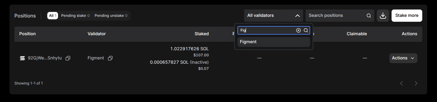 Positions toolbar with the All, Pending stake, and Pending unstake pills, the Validator dropdown open with Figment matched in its search box, and the Search positions field