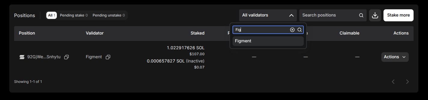 Positions toolbar with the All, Pending stake, and Pending unstake pills, the Validator dropdown open with Figment matched in its search box, and the Search positions field