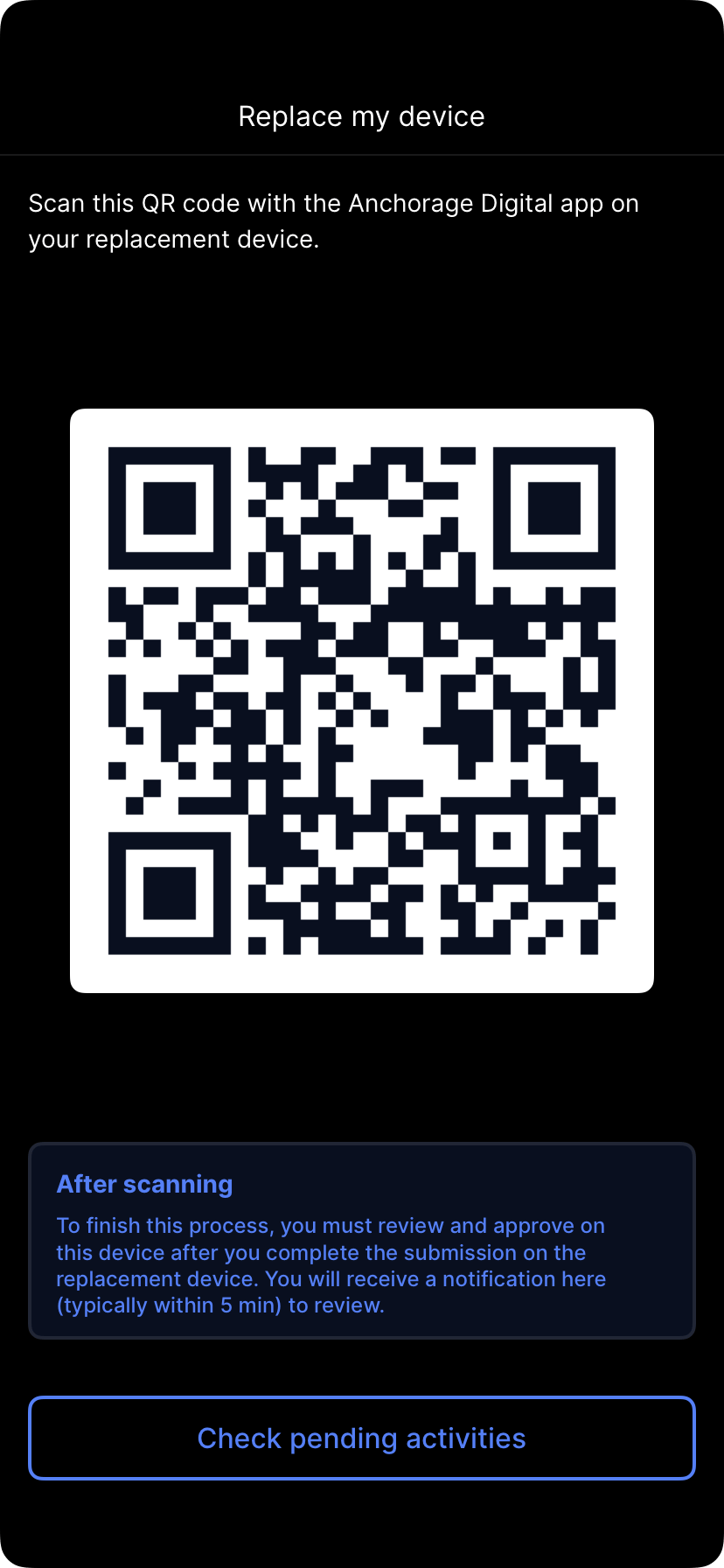 Replace my device screen showing a QR code to scan on the replacement device