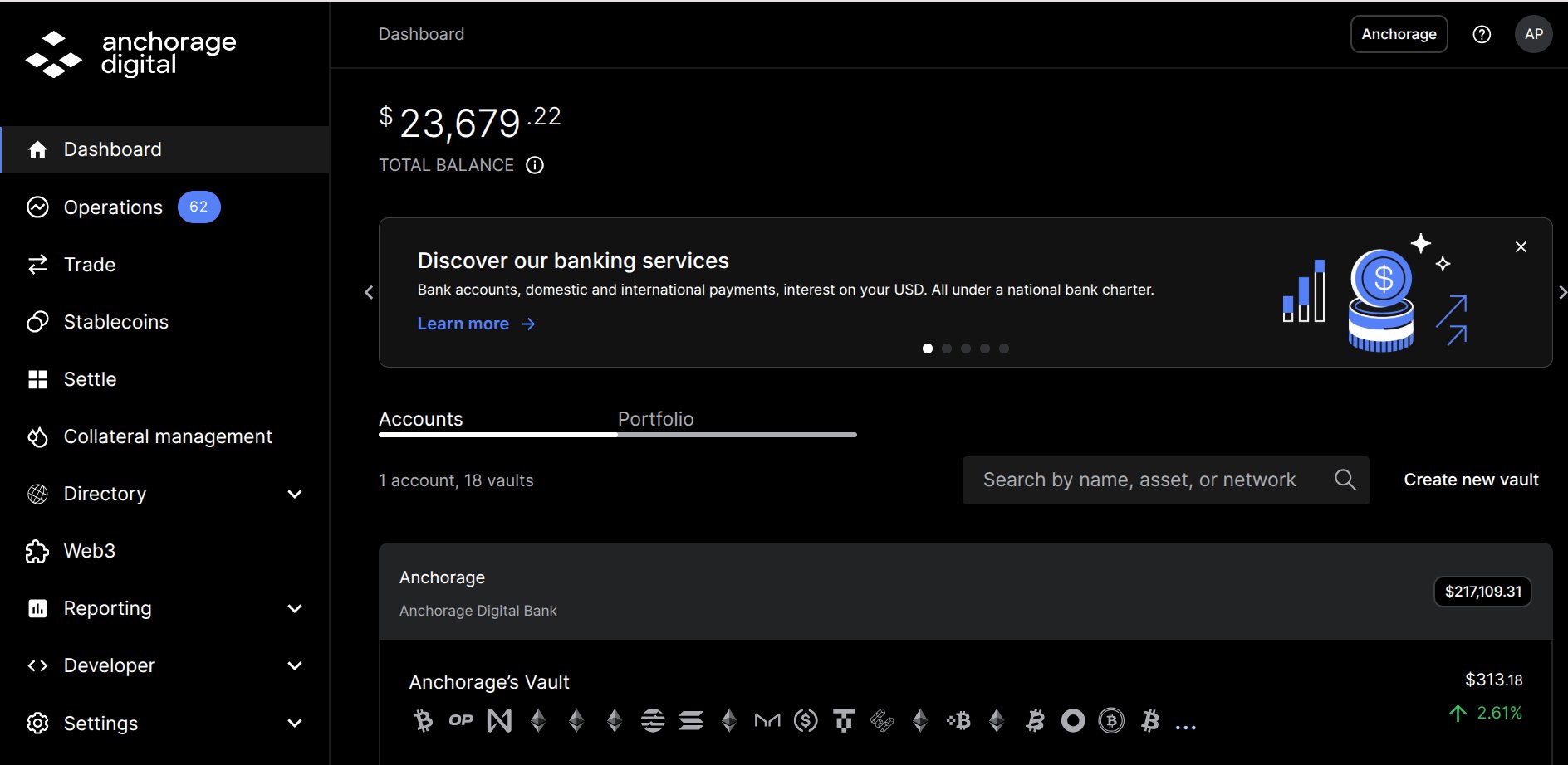 Dashboard showing the account total balance above the accounts list