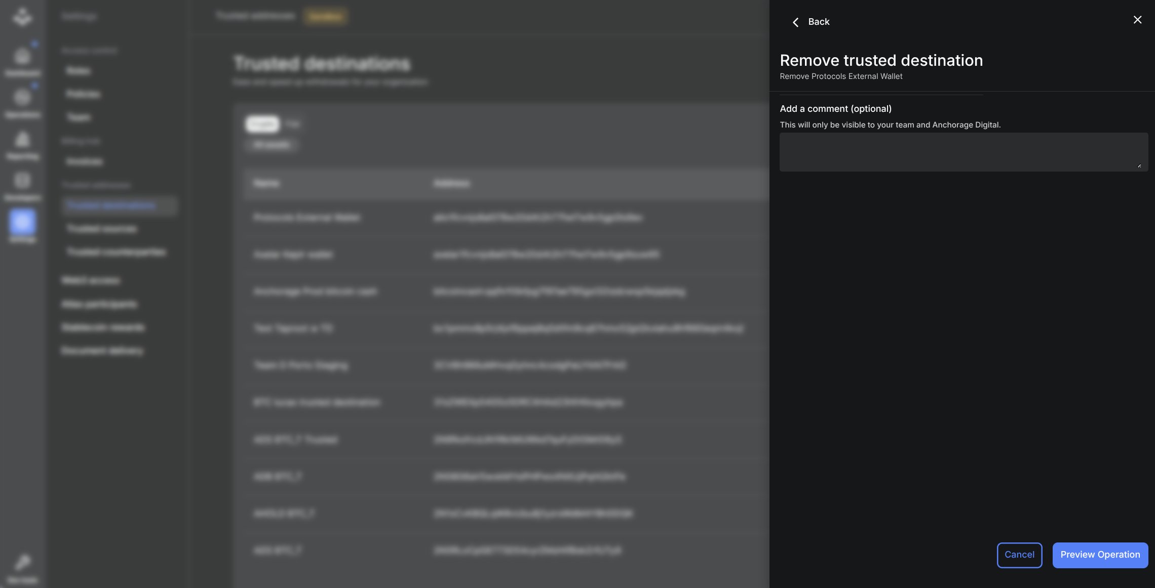 Remove trusted destination panel with an optional comment field and Preview Operation button