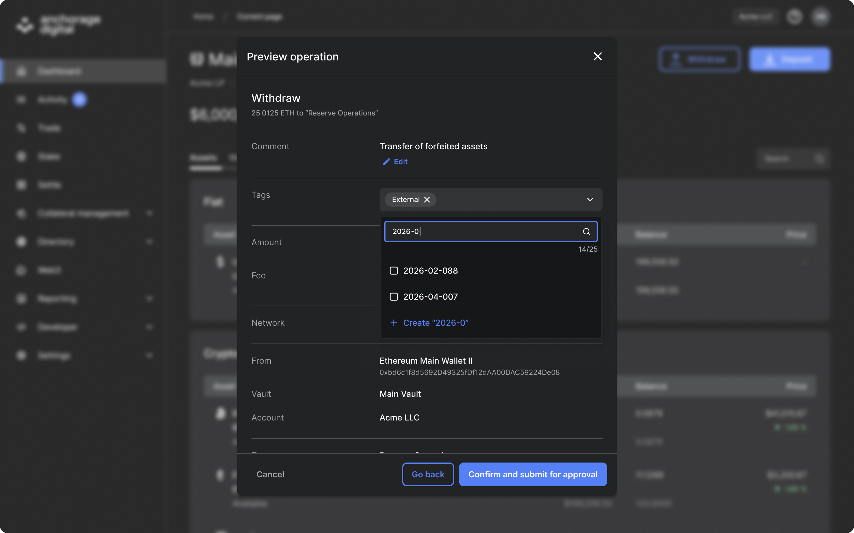 Text typed into the tag search field showing matching tags and the Create option
