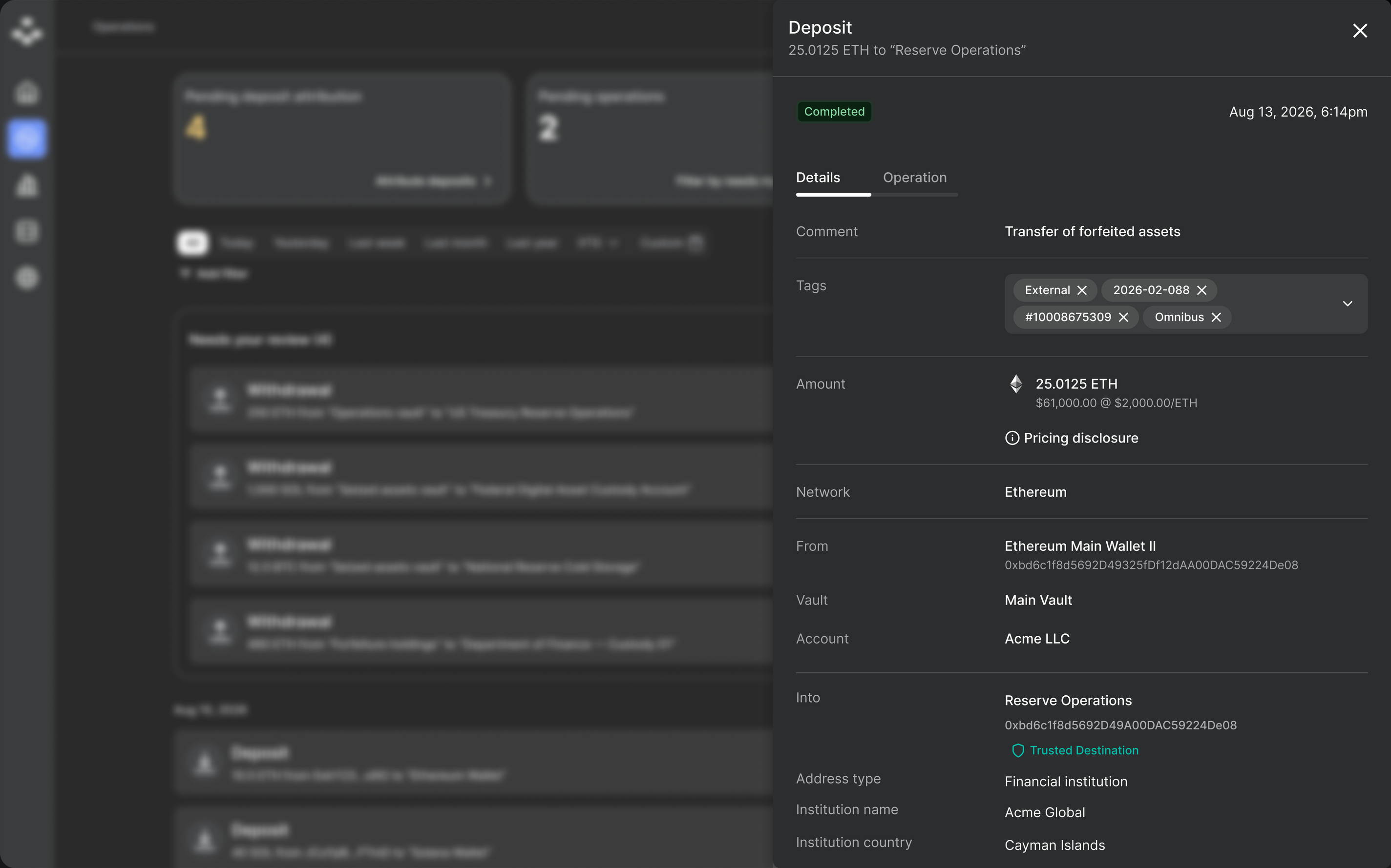 Tags on a completed operation's details panel