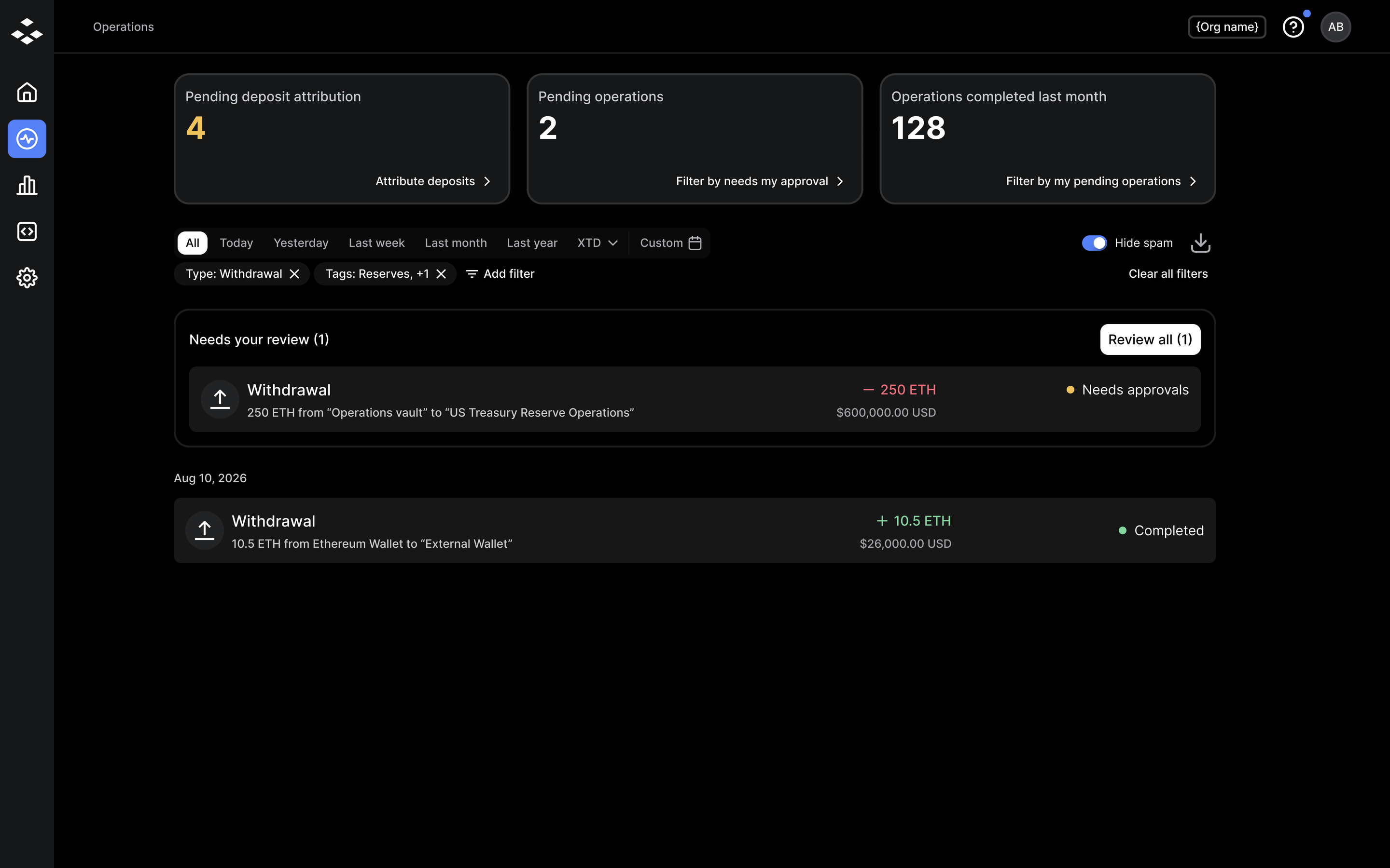 Operations tab with type and tag filter pills applied and the filtered results displayed