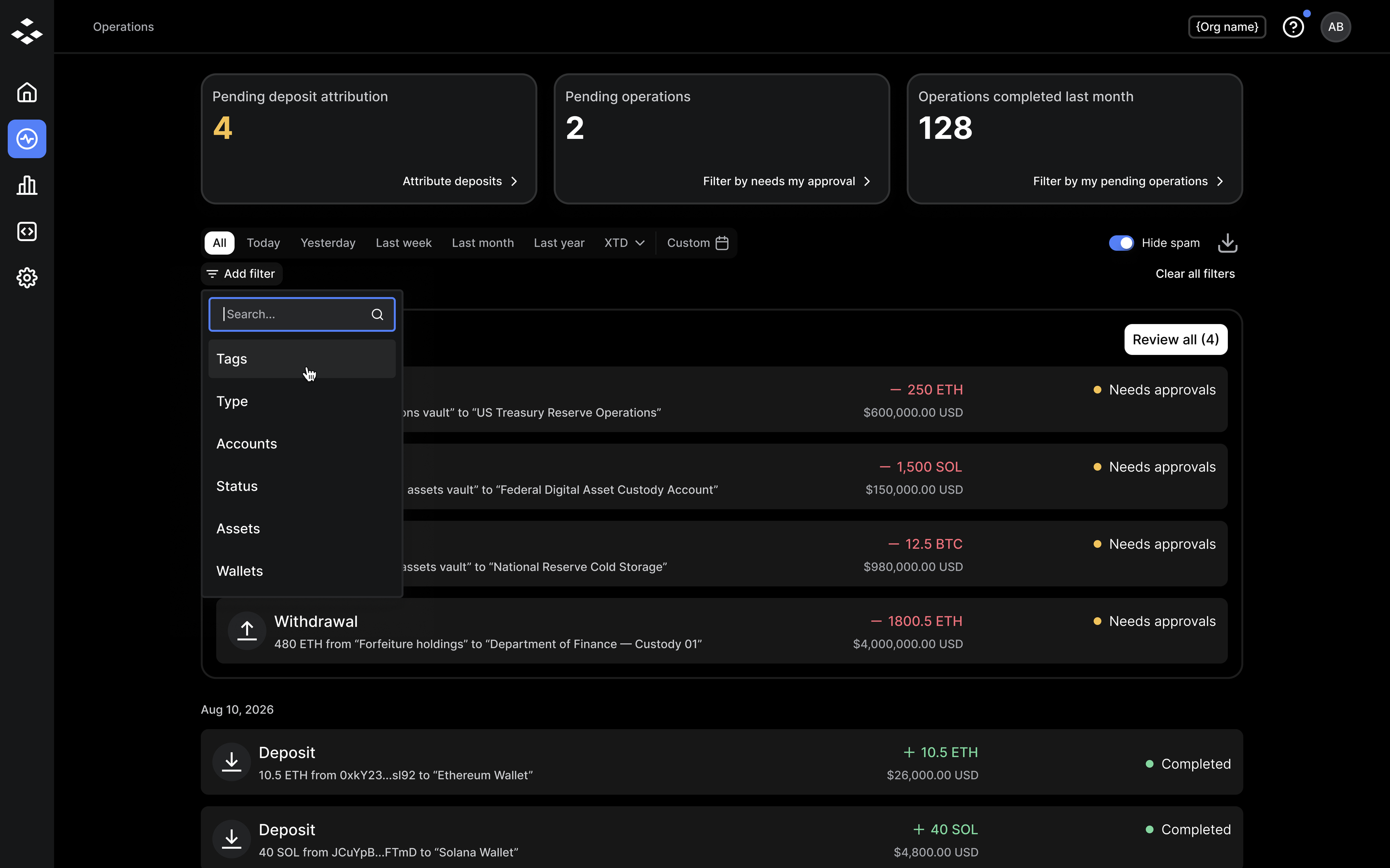Operations tab with the Add filter menu open and the cursor over Tags