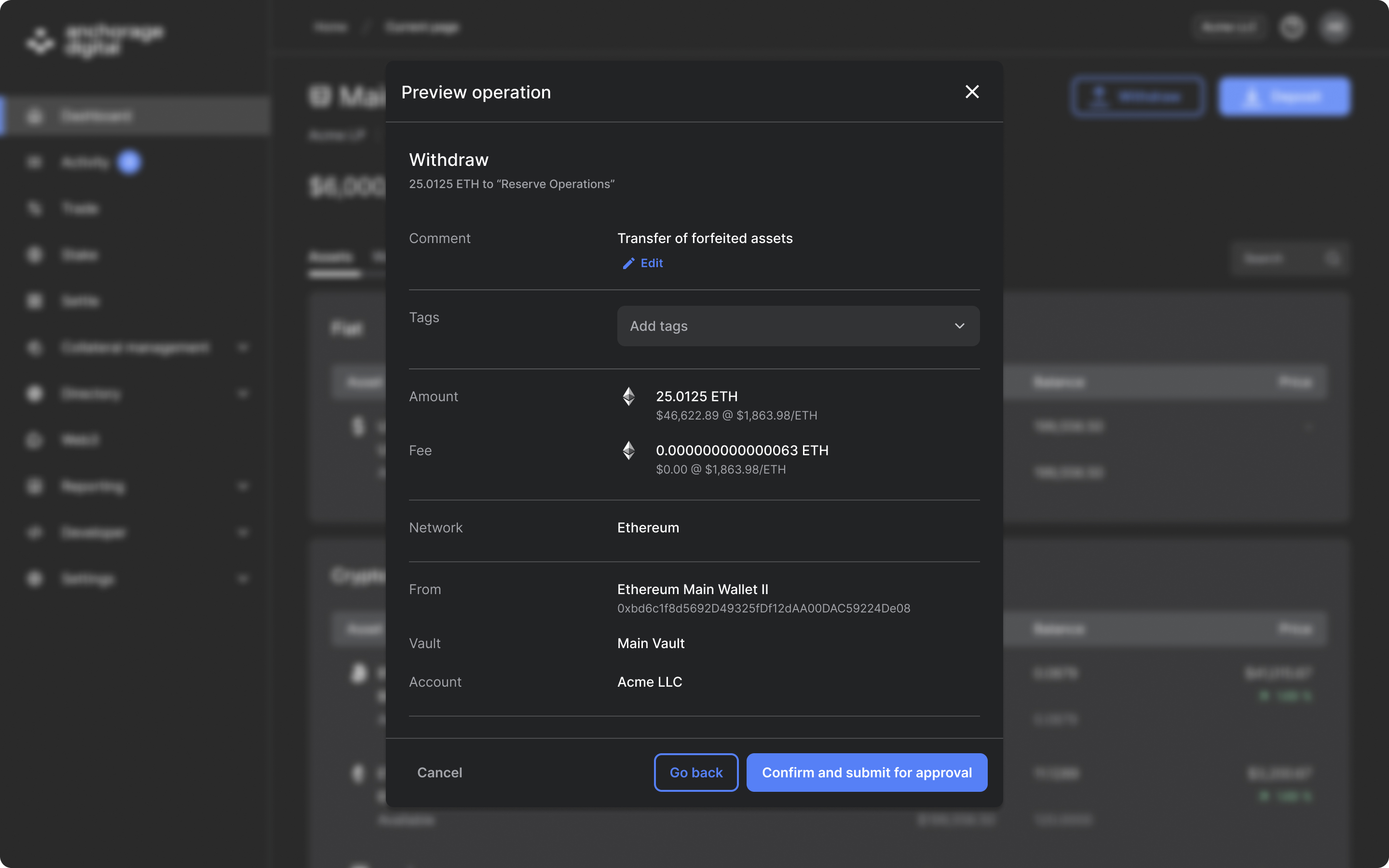 Preview operation screen showing the Tags section with an empty Add tags bar