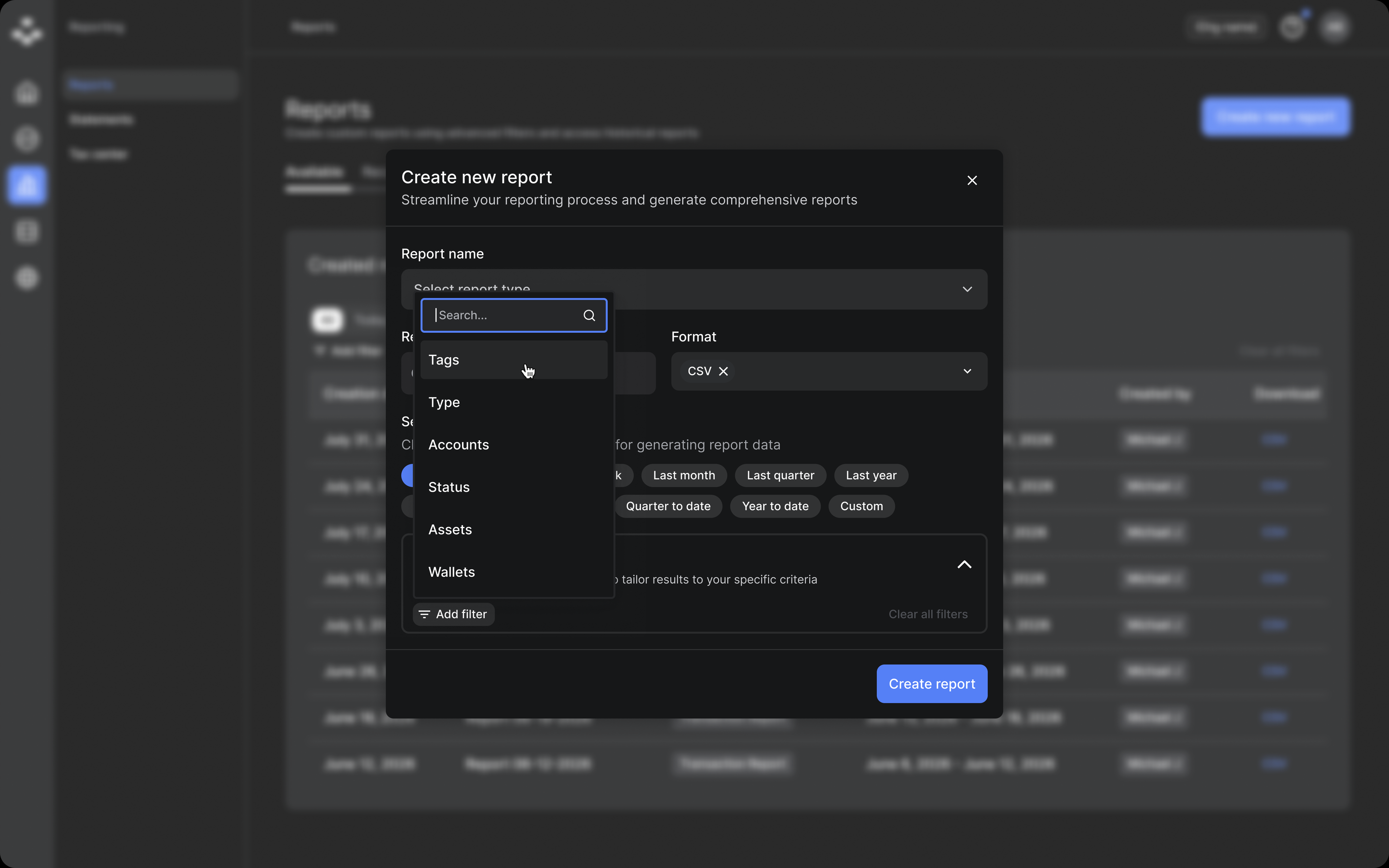 Create new report modal with the Add filter menu open and the cursor over Tags