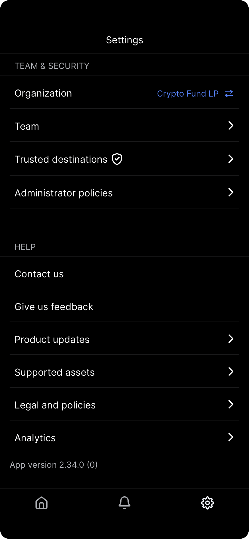 Settings screen showing the app version number near the bottom