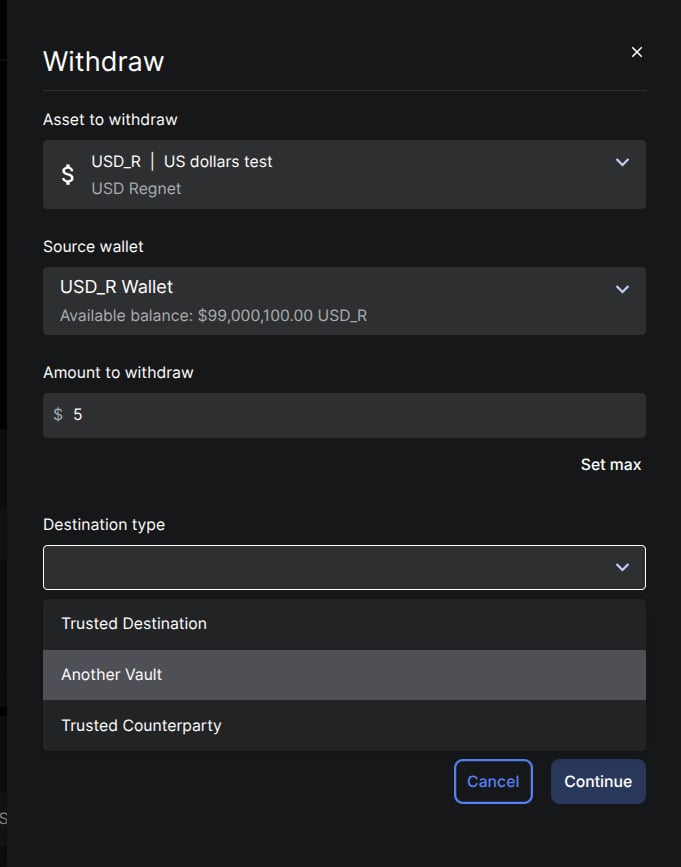 Withdrawal dialog with Another Vault highlighted in the Destination type dropdown