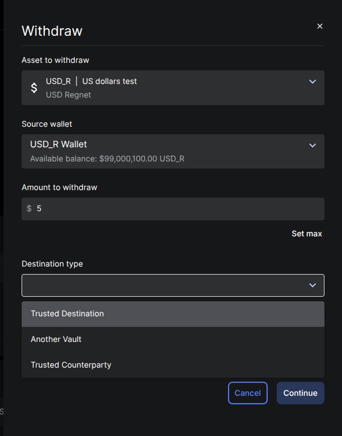Withdrawal dialog with Trusted Destination highlighted in the Destination type dropdown
