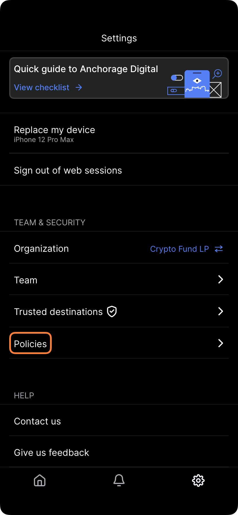 Settings screen with Policies section highlighted