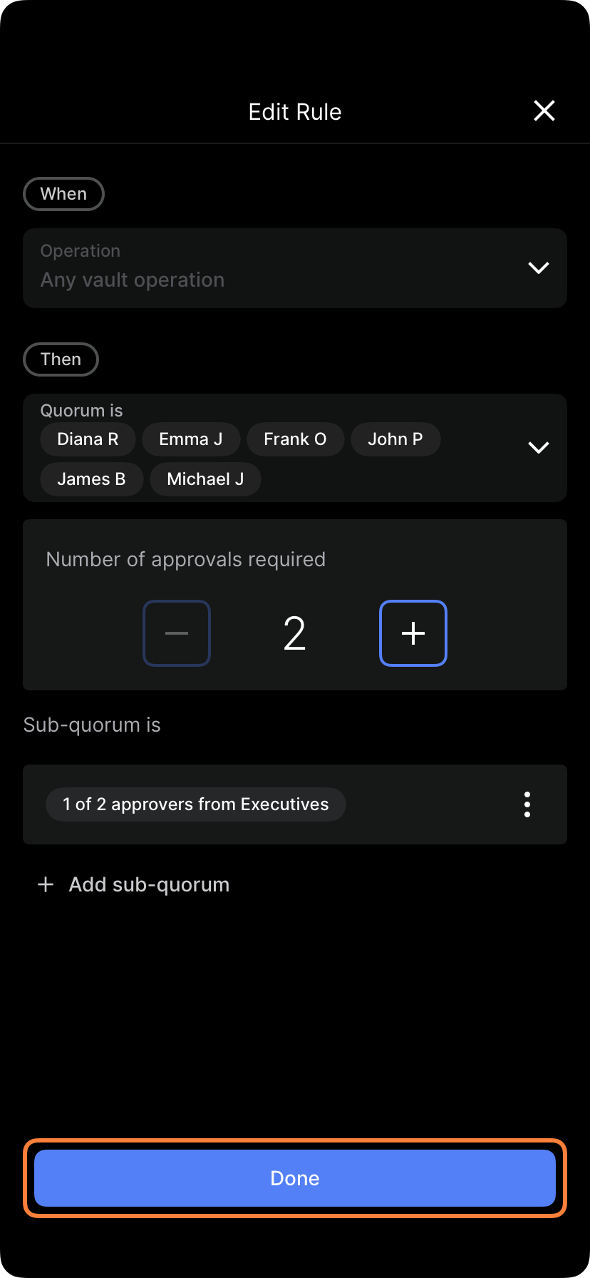 Quorum requirement selection showing approval count options