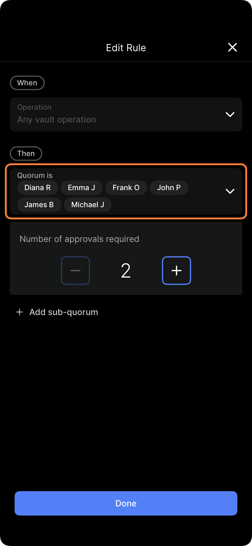 Rule editor showing quorum member selection interface