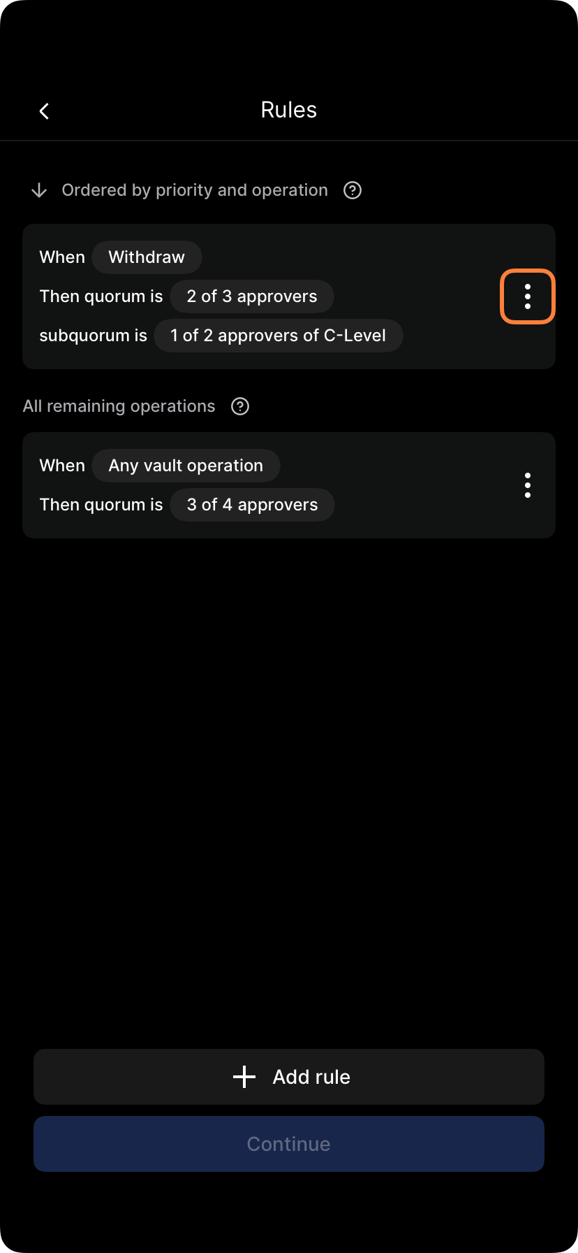Vault policy screen showing list of existing rules