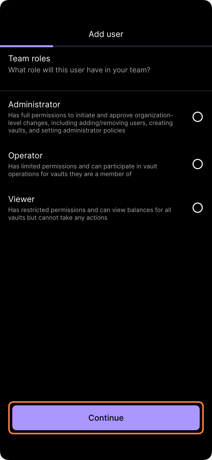 Team screen showing user roles and permission levels