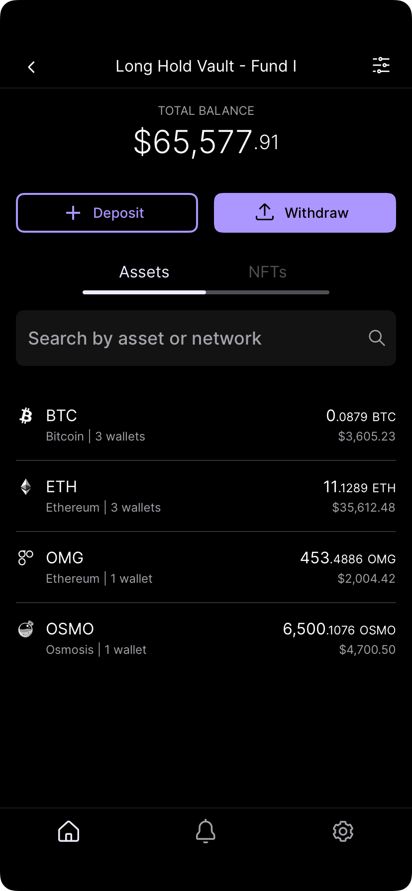 Vault detail screen with settings icon in upper right corner