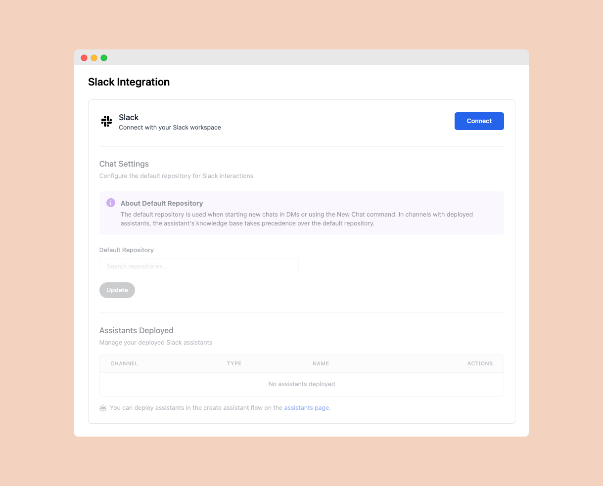Slack integration page with Connect button