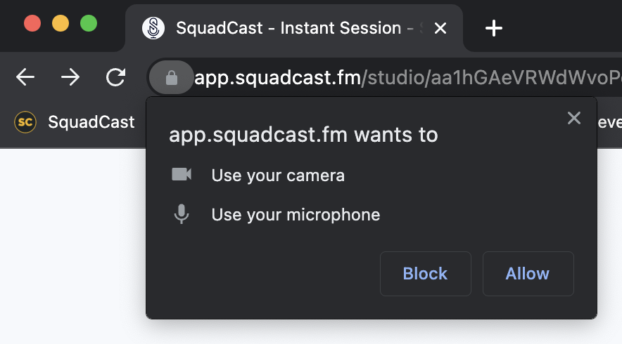 Browser prompt asking for microphone and camera access