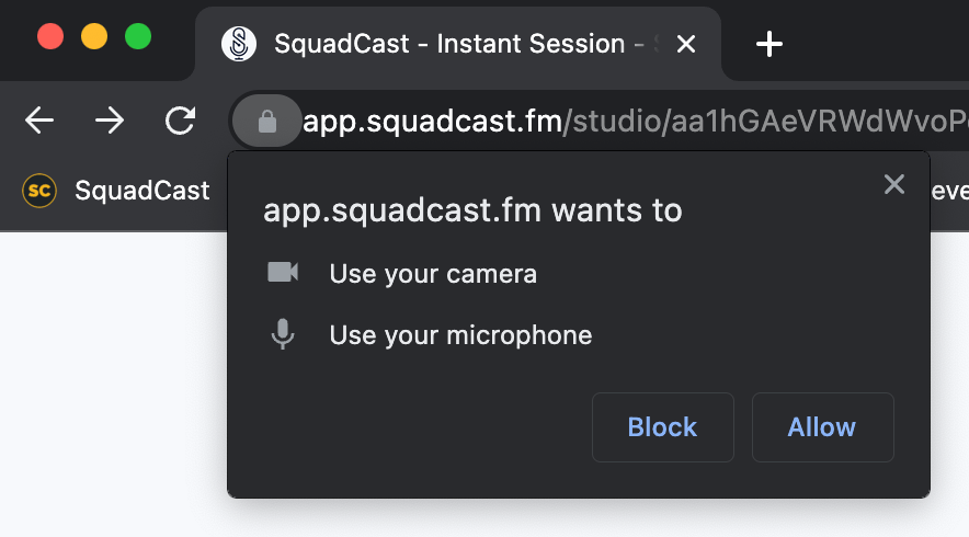 Browser prompt asking for microphone and camera access