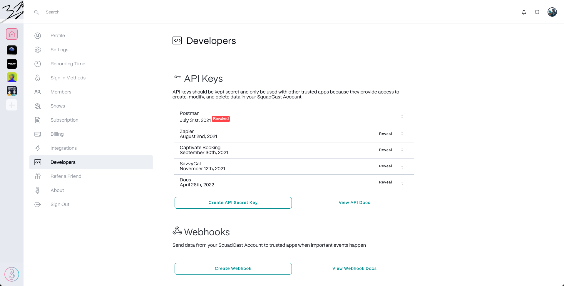 Create API Key menu
