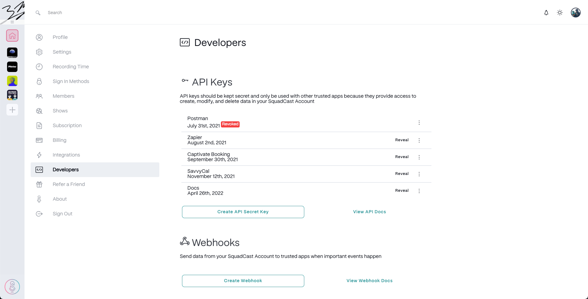 Create API Key menu