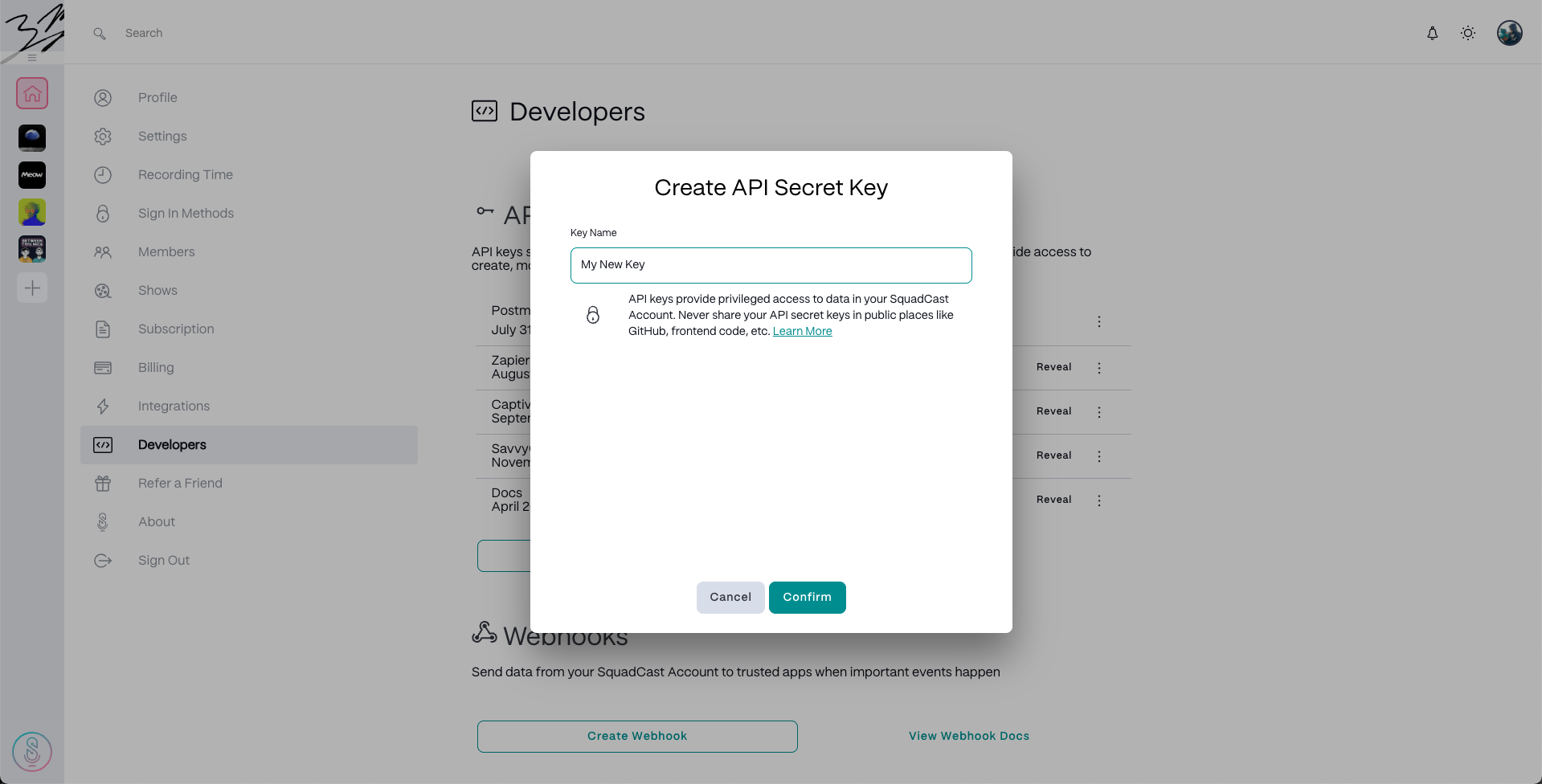 Confirm API key creation