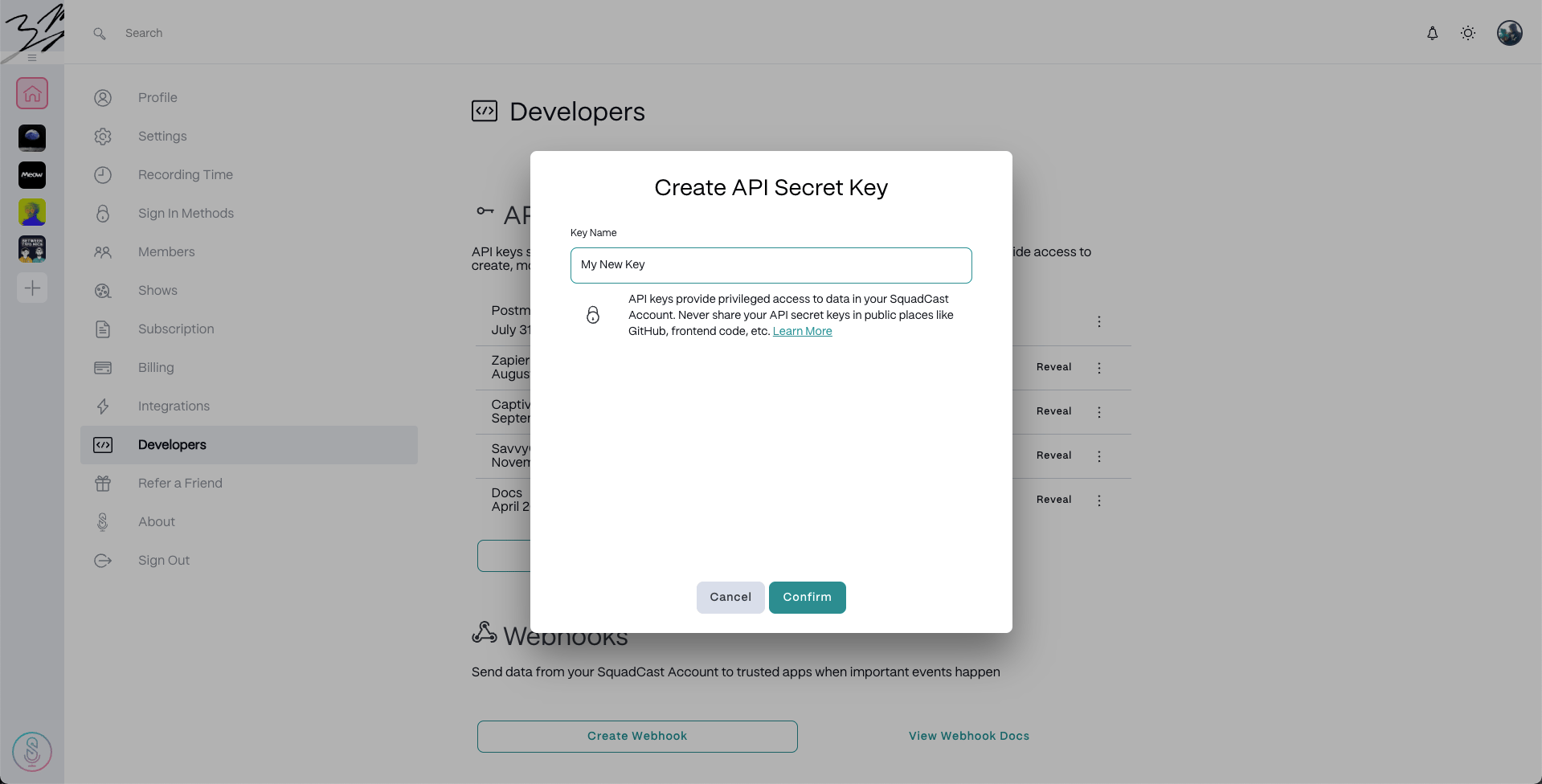 Confirm API key creation