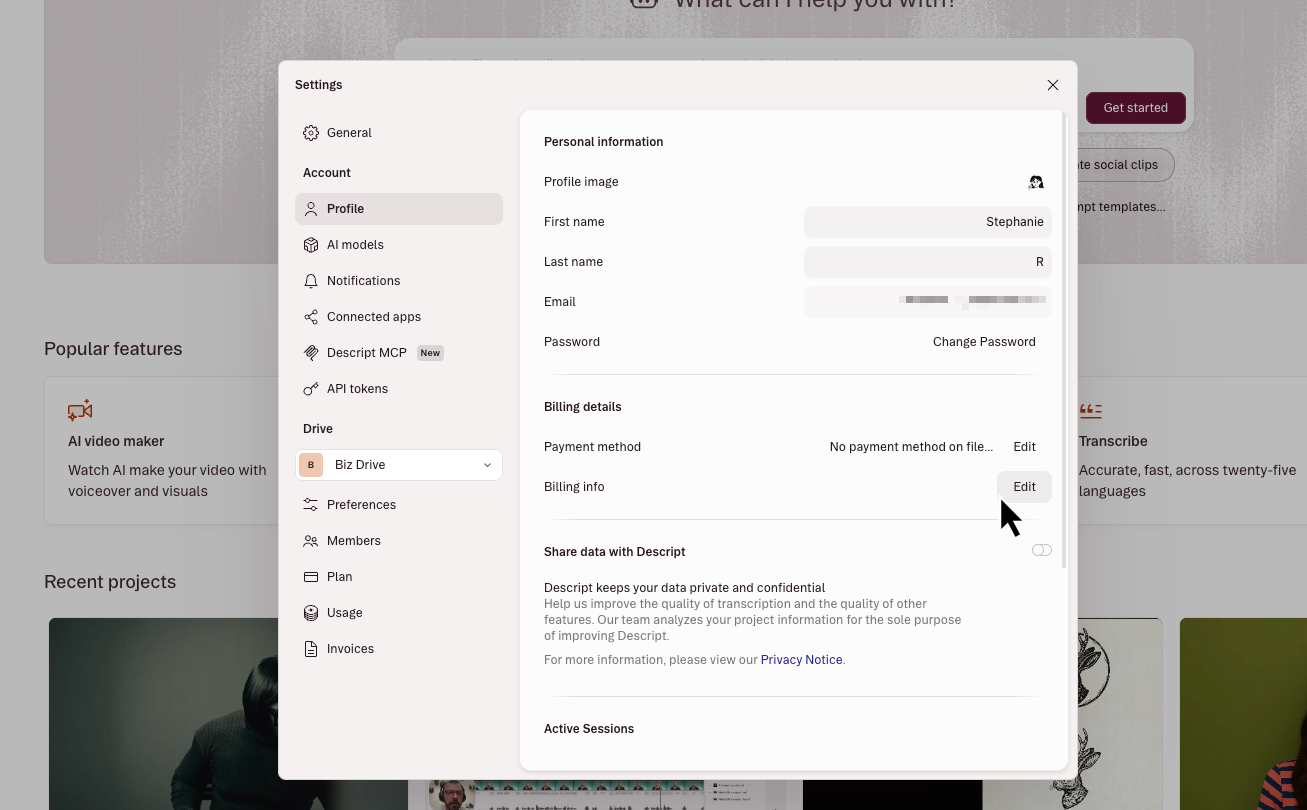 Editing billing info in the App settings
