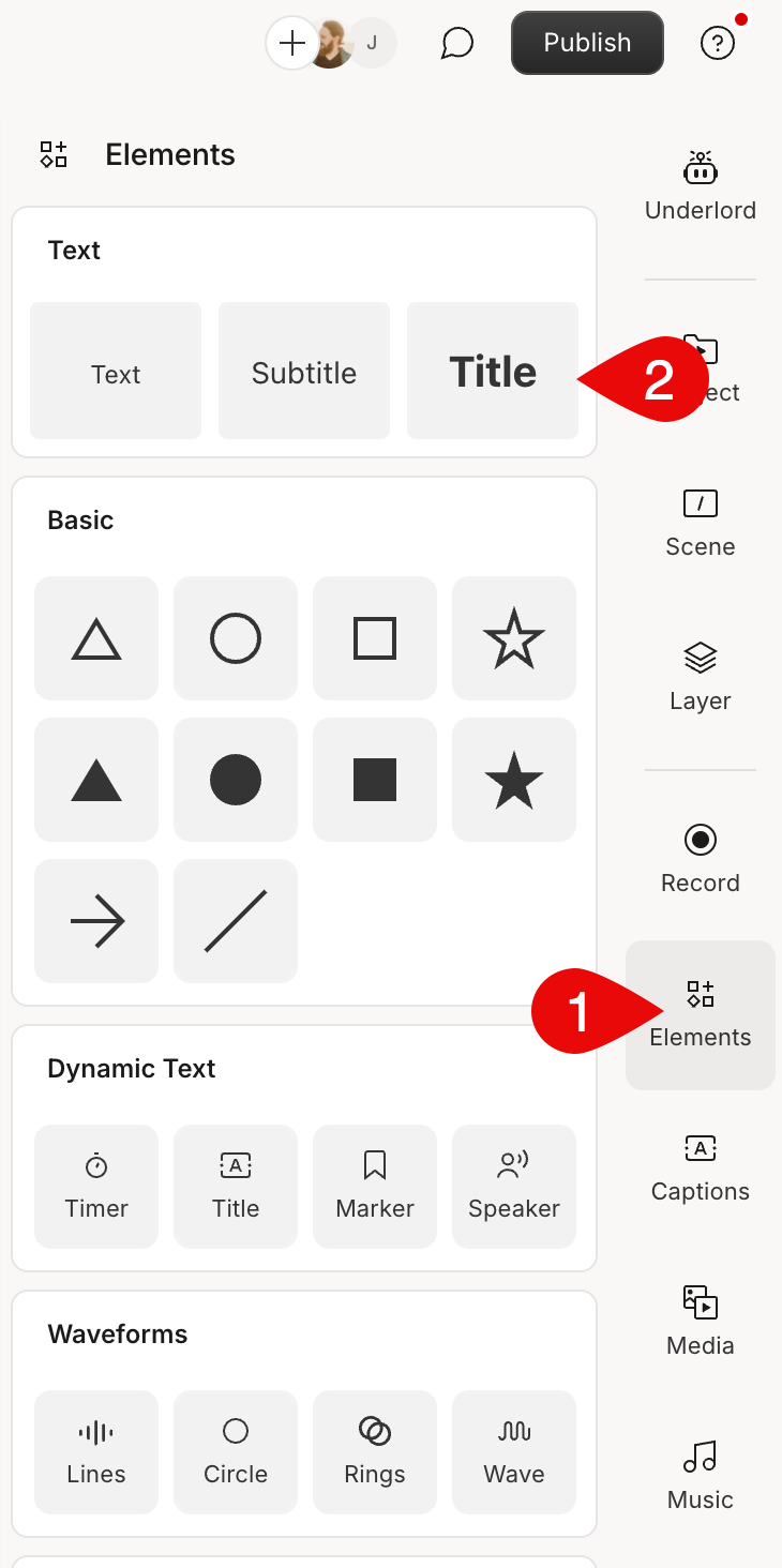 Text options shown in Descript's Elements panel