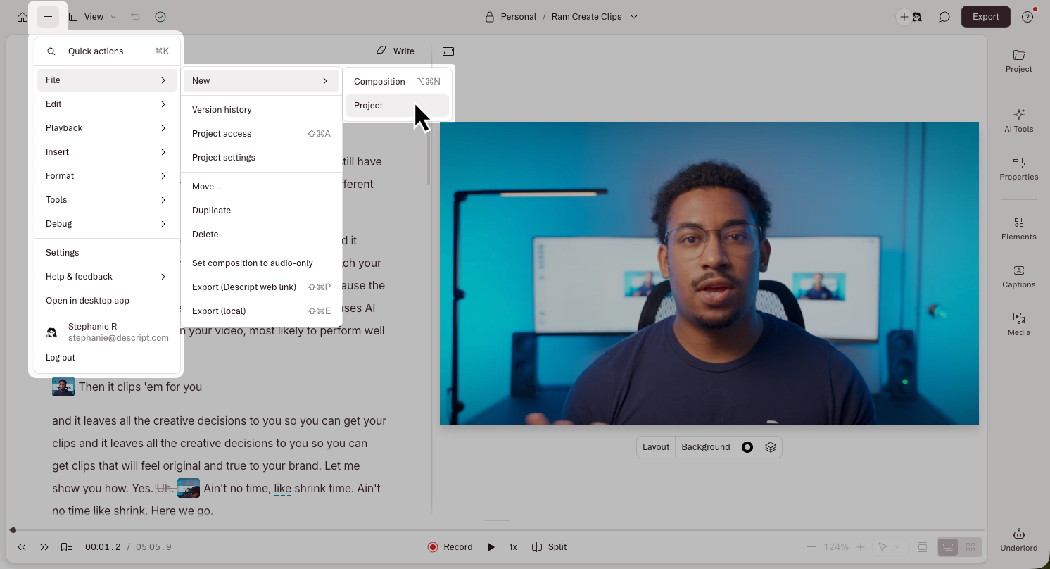 Creating a new project from the File menu inside an open project