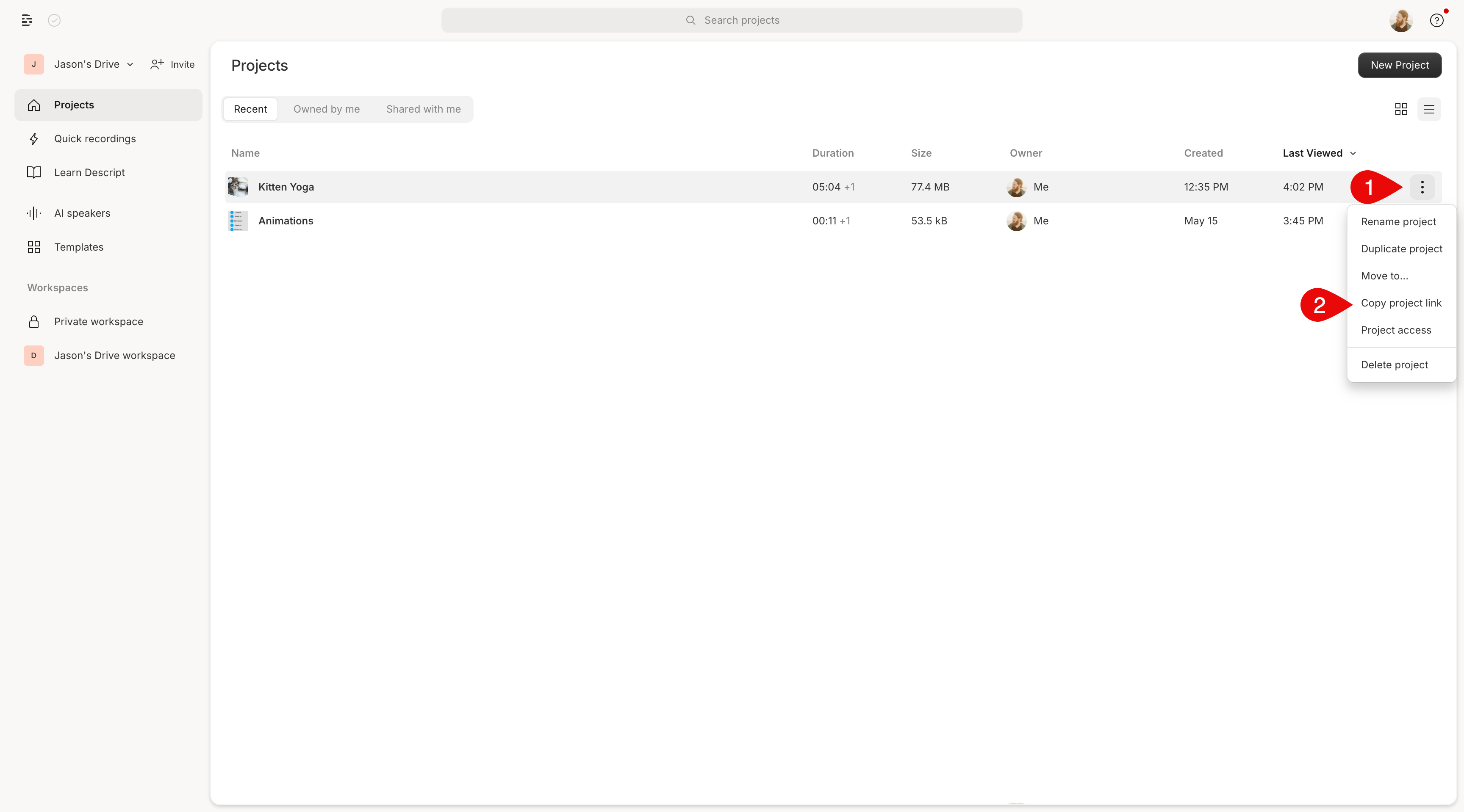 Copy project link from the Drive view